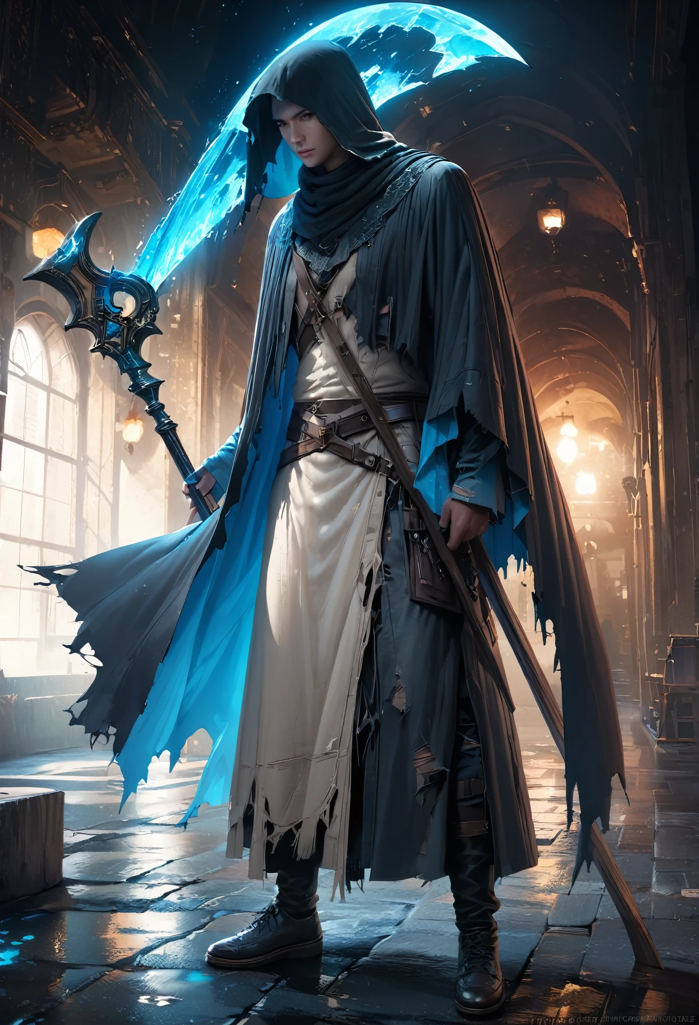 "gloomy skull-faced grim reaper with decaying appearance, lightly veiled with a lace niqab scarf, wearing a sunscreen cloak, most of the body covered in tattered and torn clothes, hunched posture, standing against a backdrop of moonlit stone streets, carrying a scythe larger than their height, emitting a pale blue glow, (highest quality, 4K, 8k, High resolution, masterpiece:1.2), Super detailed, (Realistic, photoRealistic, photo-Realistic:1.37), High resolution, 超High resolution, Studio Lighting, Professional, Vibrant colors, Bokeh, Portraiture, Delicate brushwork, Dark and cool color palette, Dim lighting"