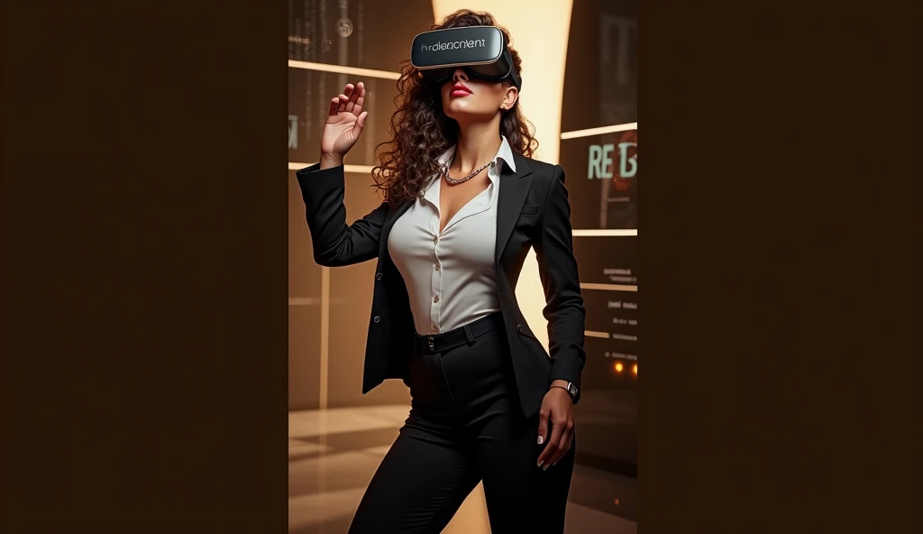 Create an image of a woman with curly hair holding a VR headset close to her face, displaying a futuristic office or cityscape scene through the lenses. The VR headset shows a split view: on one side, a professional-looking woman (resembling the person holding the headset) stands confidently, while on the other side, a man is seen looking out of the window at the skyscrapers. The woman is dressed in modern, stylish business attire, with a necklace and subtle makeup. The background includes holographic elements and digital interfaces, giving the impression of a high-tech environment. The overall atmosphere should convey a sense of professionalism, confidence, and the blending of virtual and real worlds