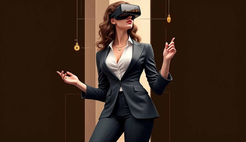 Create an image of a woman with curly hair holding a VR headset close to her face, displaying a futuristic office or cityscape scene through the lenses. The VR headset shows a split view: on one side, a professional-looking woman (resembling the person holding the headset) stands confidently, while on the other side, a man is seen looking out of the window at the skyscrapers. The woman is dressed in modern, stylish business attire, with a necklace and subtle makeup. The background includes holographic elements and digital interfaces, giving the impression of a high-tech environment. The overall atmosphere should convey a sense of professionalism, confidence, and the blending of virtual and real worlds