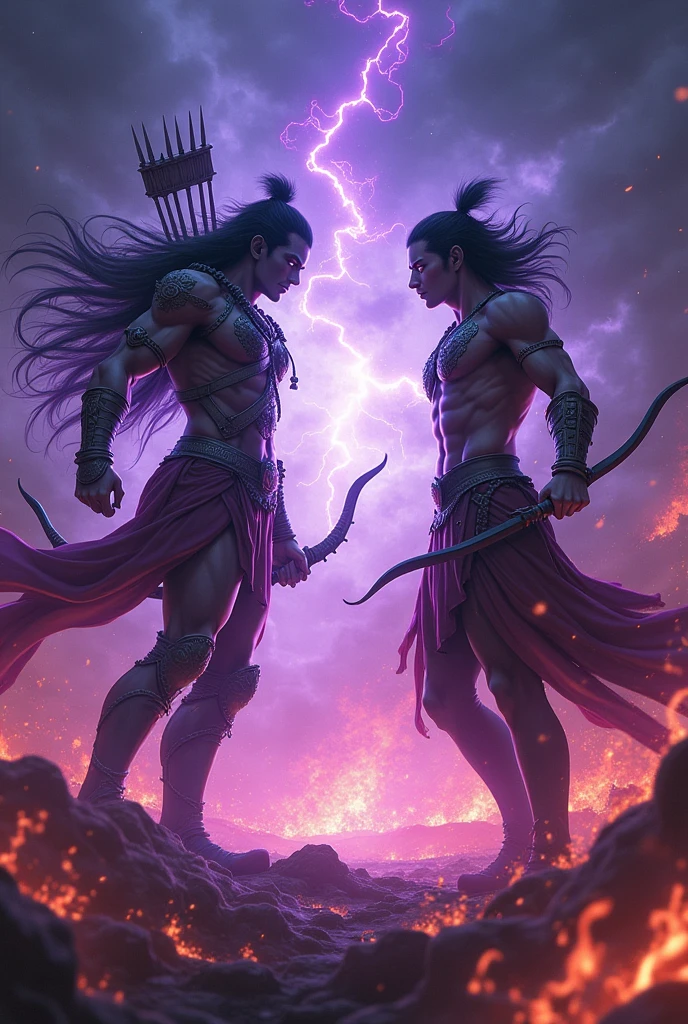 A ragegous fight by karna against arjuna from the swirling purple flames, glowing white eyes piercing the smoke. The background is predominantly dark, highlighting the intensity of the fiery colors and the sinister presence of the figure, which is surrounded by chaotic Mahabharata war, an Archer fight between ghandeev bearer Arjun and Vijay bow ( godly armour) bearer karn ,flickering flames that evoke a sense of confidence and power. anime, anime style, 4k, 8k, good quality, zoom face, wallpaper size, FACE of the worlds