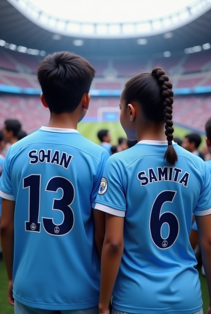 The boy Sohan and the girl Samita are the fan of mancity football club..they wearing mancity football club jersy. there name showing there jersy