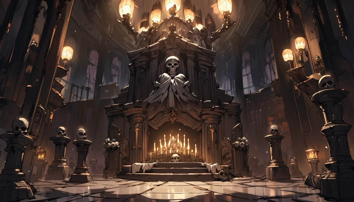 Image of a skeleton sitting on a stone throne, In the old castle, A complete but very old skeleton, Realistic picture, highest resolution, 16K, Skeleton of a winged demon, Small pieces of armor, The horns that grow out of the skull like a crown, Skeleton with angel and devil wings, A skeleton with giant demon wings, Amazing wings, Winged female skeleton, Interior scene of an ancient castle, castle ruins, Skeleton of the Demon God, Magic, magic, Fantasy, 