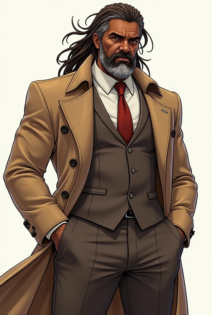 Middle-aged African man, muscled body, with long, messy, brown hair, with gray hair, full body, stylized body and wearing a brown formal suit with trench coat, japanese anime style 