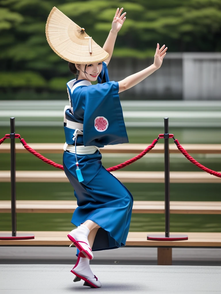 Photo-realistic quality、A woman wearing an Awa Odori dance costume is dancing in the park,A kimono with a white base、White Arms、 Japanese traditional kimono, Cute playful pose, Japanese woman, Cute smile、A soft and gentle look