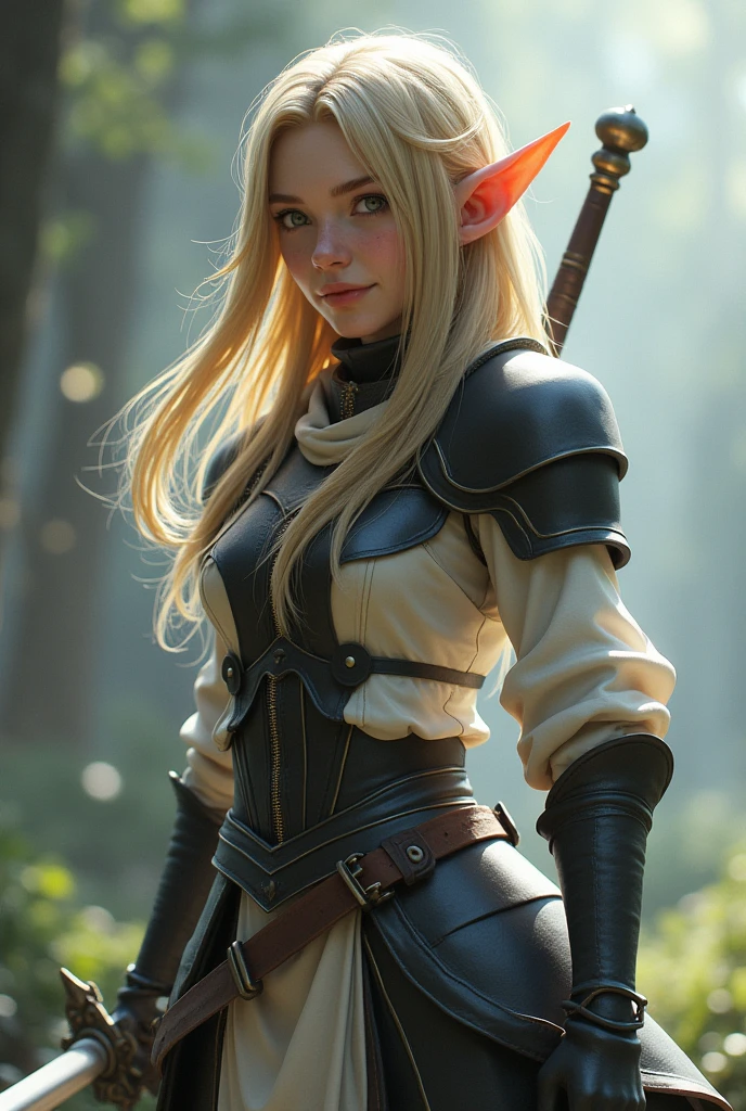 Final Fantasy game theme. Image of a 2 elf with tanned hair standing holding her favorite sword., He wore light black and white armor.., pastel colours, and dramatic tones. A masterpiece with the highest resolution. , Surrealist image type