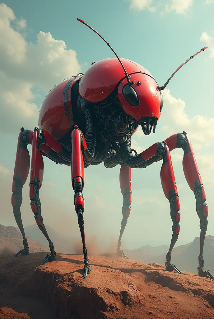 A ant with red colour wear robotic soot stand between earth and sky