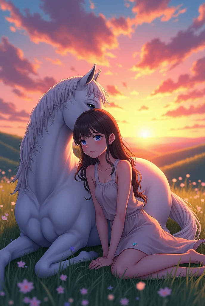 Brunette girl with blue eyes, a white horse laying next to the girl, a sunset in the background, anime style
