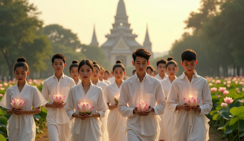 A khmer of 10 young woman and young man, wear white hold lotus flowers and candle walk to the Khmer pagoda
