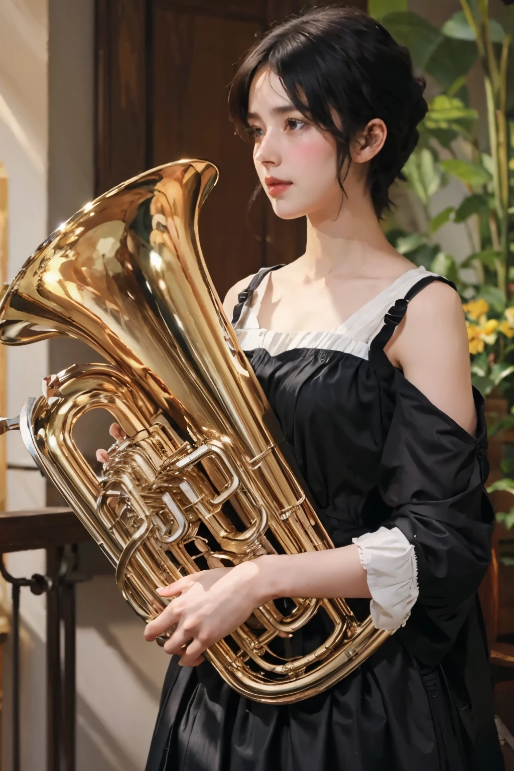 (masterpiece), (Highest quality), Oil, Classical painting, 1 person, (play the euphonium:1.2), alone, (Draw the Euphonium Shape Accurately:1.4)、Standing、(From before)、Portraiture, Exposing shoulders, (Beautiful evening dresses:1.2), Flowers、On the balcony, (Sargent Oil painting)、Realistic， Photorealist，Beautiful Face、A vivid face、Black-haired、short hair、Beautiful hairstyle、 Realistic Skin、Beautiful Skin、Charm、Cute blouse、 Upper Body，detailed，Dark Background，Backlight、Soft Light、Inspired by Edmund Leighton,