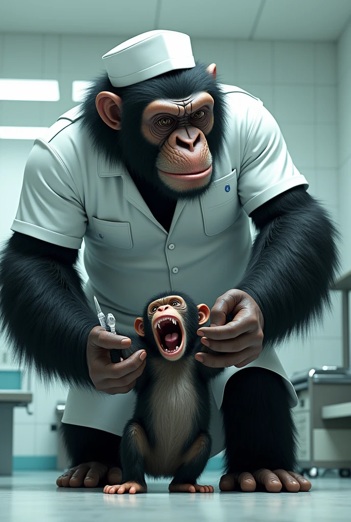 A very large monkey working as a nurse wearing a nurse's uniform injects a needle into a very scared and terrified sick chimpanzee., real, high resolution detail, full photo like real