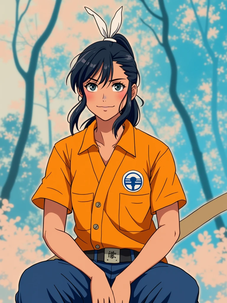 An anime girl with demon slayer drawing style, with the demon hunter uniform, that she has a ponytail with a white ribbon on her forehead and her hair is black with some white hairs, with black eyes, Bella