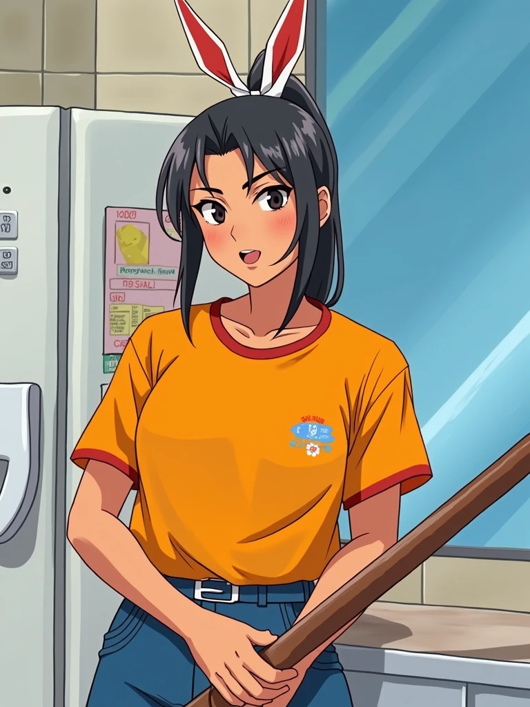 An anime girl with demon slayer drawing style, with the demon hunter uniform, that she has a ponytail with a white ribbon on her forehead and her hair is black with some white hairs, with black eyes, Bella