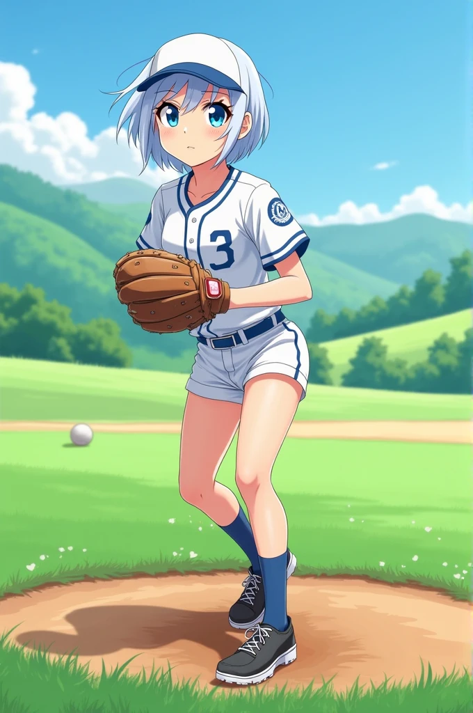 Anime Woman with short white hair, blue eyes, playing baseball in a field