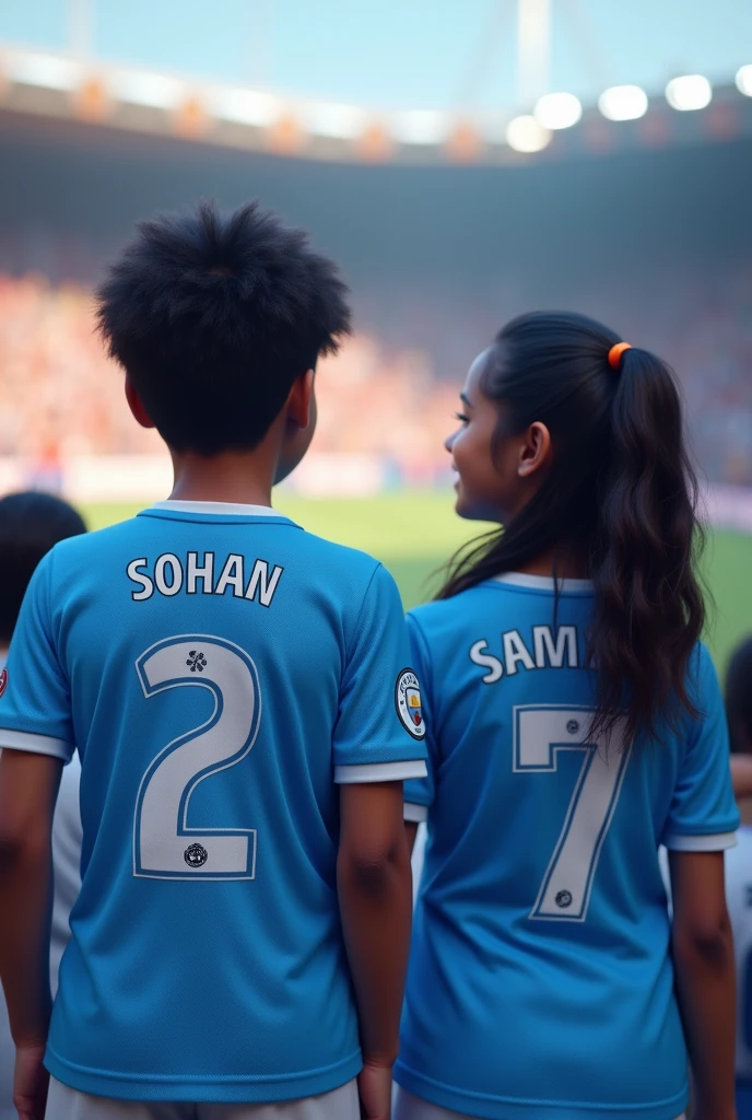 The boy Sohan and the girl Samita are the fan of mancity football club..they wearing mancity football club jersy. there name showing there jersy