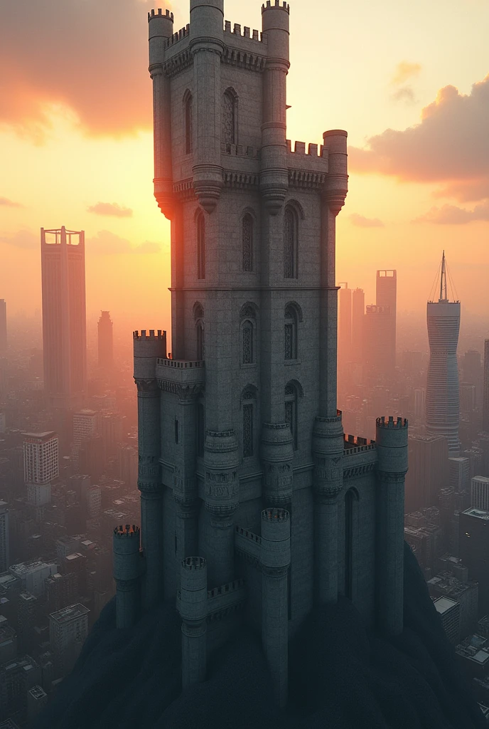 High medieval tower like a castle illuminated by the setting sun in the middle of a modern metropolis