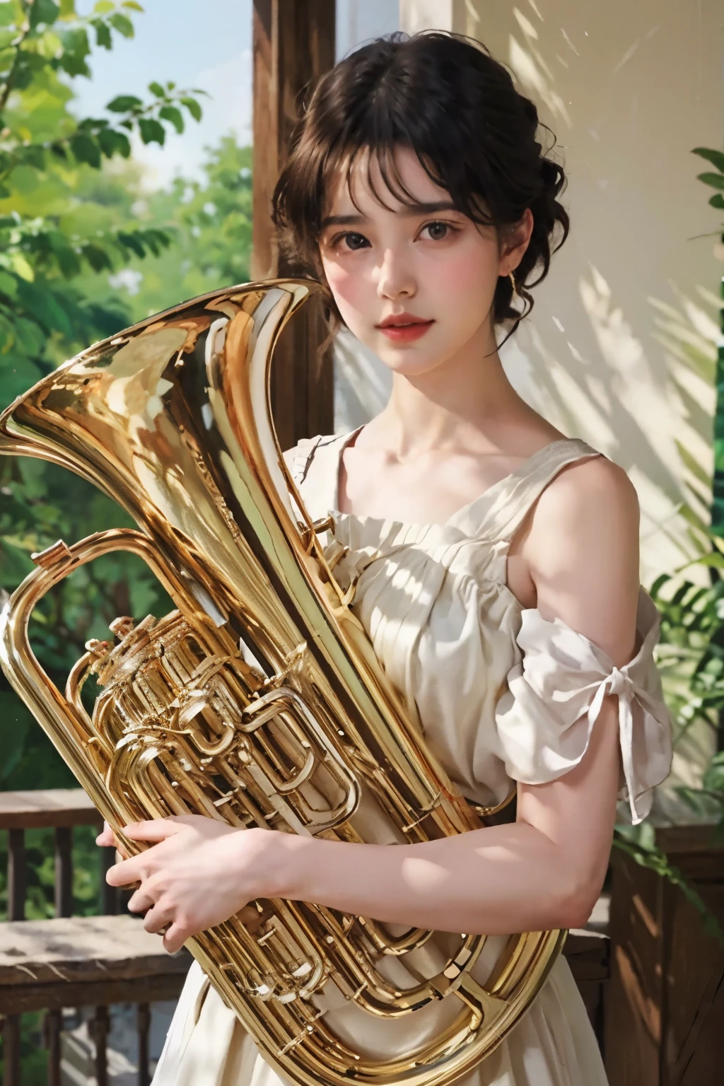 (masterpiece), (Highest quality), Oil, Classical painting, 1 person, (play the euphonium:1.2), alone, (Draw the Euphonium Shape Accurately:1.4)、Standing、(From before)、Portraiture, Exposing shoulders, (Beautiful evening dresses:1.2), Flowers、On the balcony, (Sargent Oil painting)、Realistic， Photorealist，Beautiful Face、A vivid face、Black-haired、short hair、Beautiful hairstyle、 Realistic Skin、Beautiful Skin、Charm、Cute blouse、 Upper Body，detailed，Dark Background，Backlight、Soft Light、Inspired by Edmund Leighton,