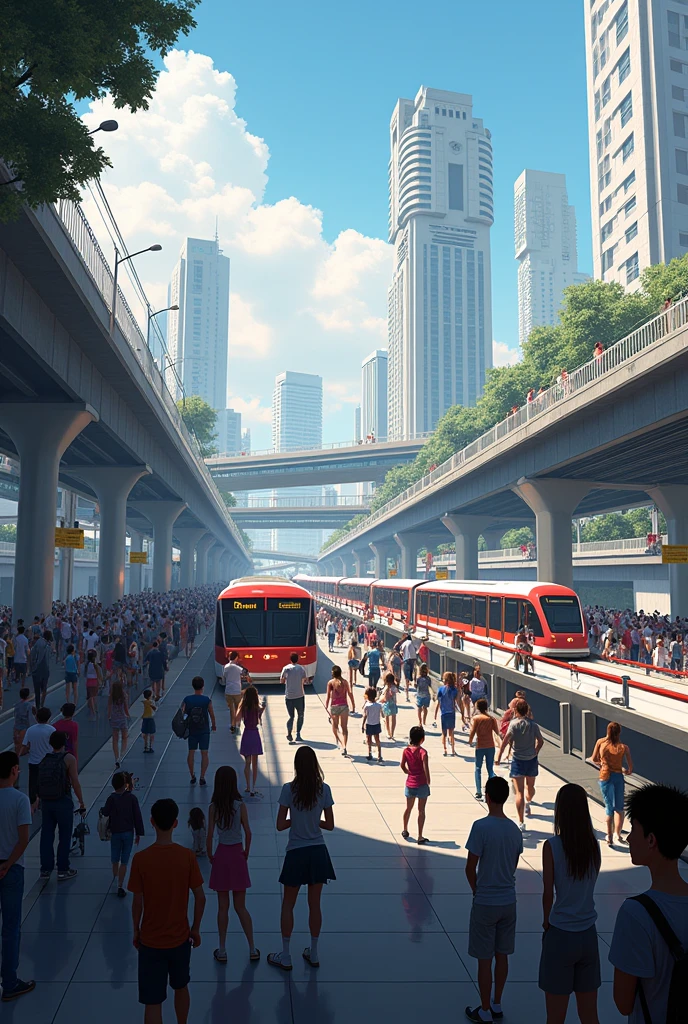 Partridge Train Station，People on the platform waiting for the subway,  Sumaré Avenue on the side 2 High suspended lanes，Trens de estilo futurista，fundo do horizonte da cidade，People are busy，（Trilha Leve：0.8）。e o nome MEDEIROS escrito na paisagem