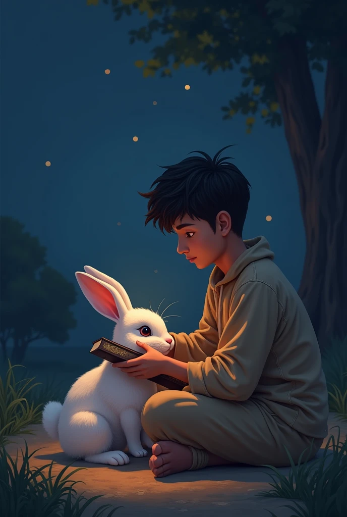 Ali sitting beside Bobo at night, gently stroking the rabbit's fur with one hand and holding a prayer book in the other, his face filled with hope and care.