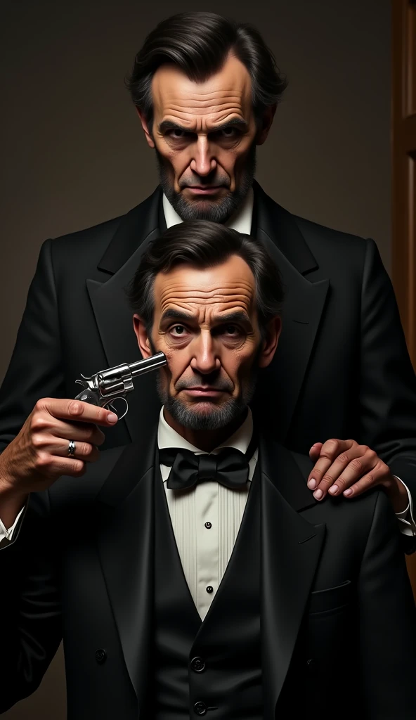 A tense moment with Booth standing directly behind Lincoln, holding a small derringer pistol. The focus is on Booth's determined expression and the gun pointed at the back of Lincoln’s head.