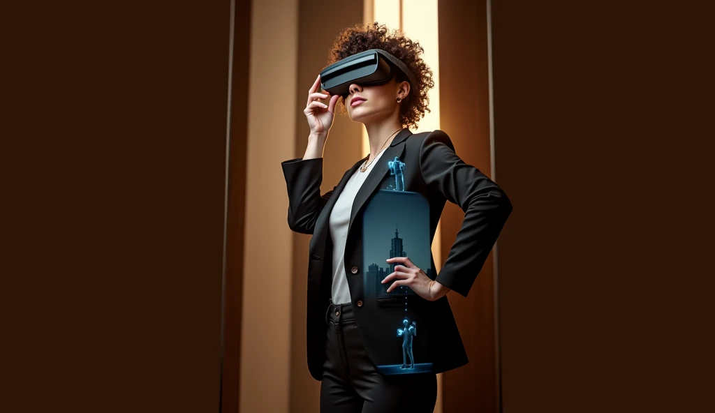 Create an image of a woman with curly hair holding a VR headset close to her face, displaying a futuristic office or cityscape scene through the lenses. The VR headset shows a split view: on one side, a professional-looking woman (resembling the person holding the headset) stands confidently, while on the other side, a man is seen looking out of the window at the skyscrapers. The woman is dressed in modern, stylish business attire, with a necklace and subtle makeup. The background includes holographic elements and digital interfaces, giving the impression of a high-tech environment. The overall atmosphere should convey a sense of professionalism, confidence, and the blending of virtual and real worlds