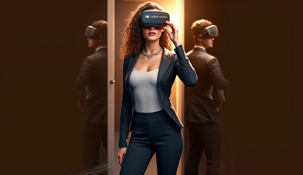 Create an image of a woman with curly hair holding a VR headset close to her face, displaying a futuristic office or cityscape scene through the lenses. The VR headset shows a split view: on one side, a professional-looking woman (resembling the person holding the headset) stands confidently, while on the other side, a man is seen looking out of the window at the skyscrapers. The woman is dressed in modern, stylish business attire, with a necklace and subtle makeup. The background includes holographic elements and digital interfaces, giving the impression of a high-tech environment. The overall atmosphere should convey a sense of professionalism, confidence, and the blending of virtual and real worlds