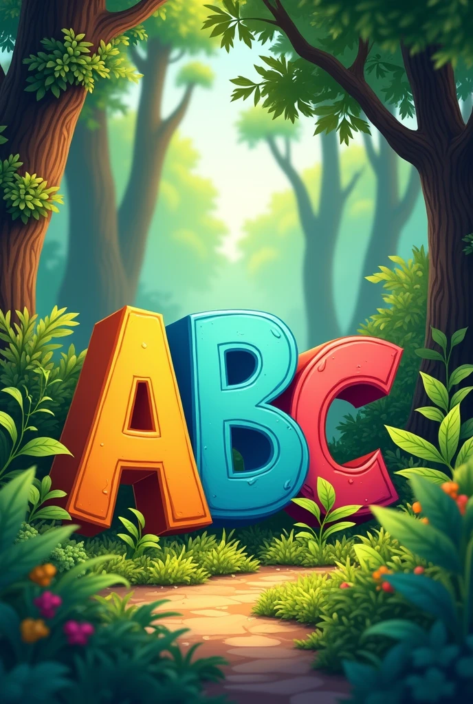 A colorful animated forest with the letters A, B, and C hidden among the trees.The letters A, B, C are hide back of the trees 