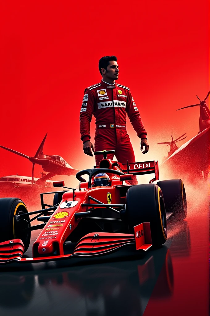 Make me a profile picture that has Checo Pérez from Formula 1 , with a red background and something related to aeronautics that looks good