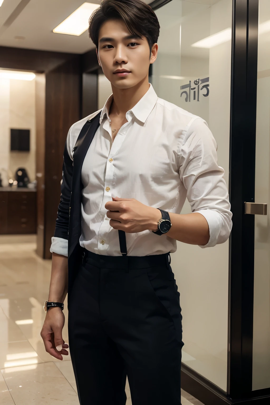 masterpiece, Best quality, realistic, a handsome Thai-Korean guy dressed in a casual yet stylish outfit, wearing a prominently visible wristwatch. The outfit should be modern and elegant, with meticulous attention to detail in both the clothing and accessories. The wristwatch adds a touch of sophistication to his overall look