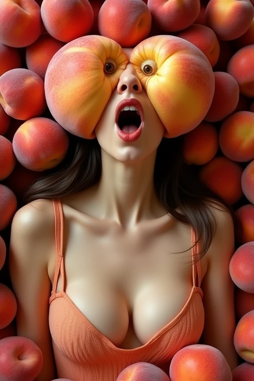 Beautiful Iranian women in their 30s。Facing forward、Mouth wide open。The expression is、Sexually lewd expression、Ecstatic expression、I feel a strong sense of ecstasy。The head is peeled、Wearing a large, real peach head。The chest is wide open。There are peaches all around。Covered in peaches。