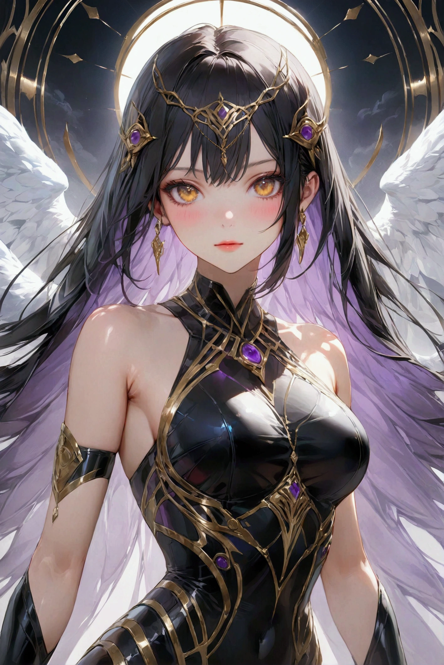 Long smooth straight black hair, inner colored dark-purple hair, golden eyes, slender and athletic built, fantasy clothing, masterpiece, super detail, best quality, 8k,semi-realistic