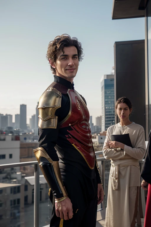 Highly detailed, realistic, standing, handsome, 2 man, white skin, dreamy expression, intelligent, smiling, looking at the camera, curly haircut, slender face with perfect body, slim, stylish, loose clothes in black/red/yellow. Front carbon armor Sharp focus, evening, global illumination, masterpiece, [sacred], decoration, background is an unfocused cityscape, realistic image