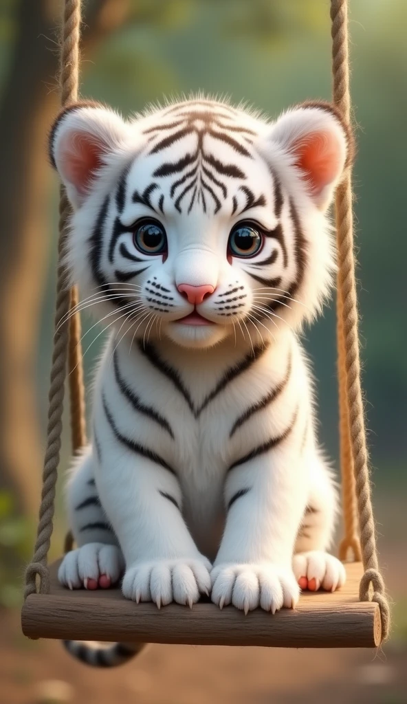 A cute white tiger cub,Real animals, Big eyes eyes, Cute and cuddly,Fluffy, Delicate and exquisite, Real little tiger,Sitting upright on a swing,Furry and cute big belly,The pattern on the belly is the same as the body,My belly is very big.,The pattern on the belly is the same as the body,Strike a cute pose,