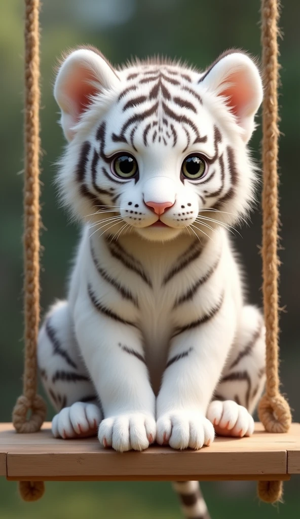 A cute white tiger cub,Real animals, Big eyes eyes, Cute and cuddly,Fluffy, Delicate and exquisite, Real little tiger,Sitting upright on a swing,Furry and cute big belly,The pattern on the belly is the same as the body,My belly is very big.,The pattern on the belly is the same as the body,Strike a cute pose,