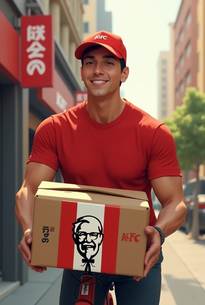 24 year delivery boy, he wore red color tshirt, he have a kfc delivery box