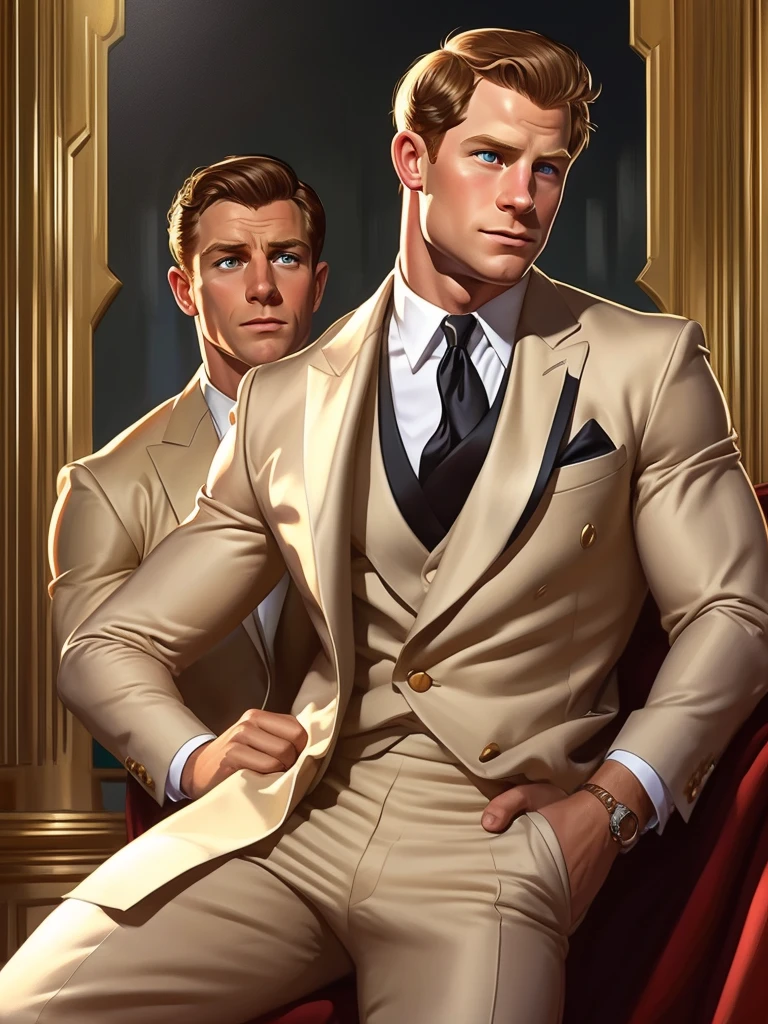 lustration in Leyendecker style : Muscular and pumped-up Prince Harry as James Bond , Agent 007, in an expensive suit