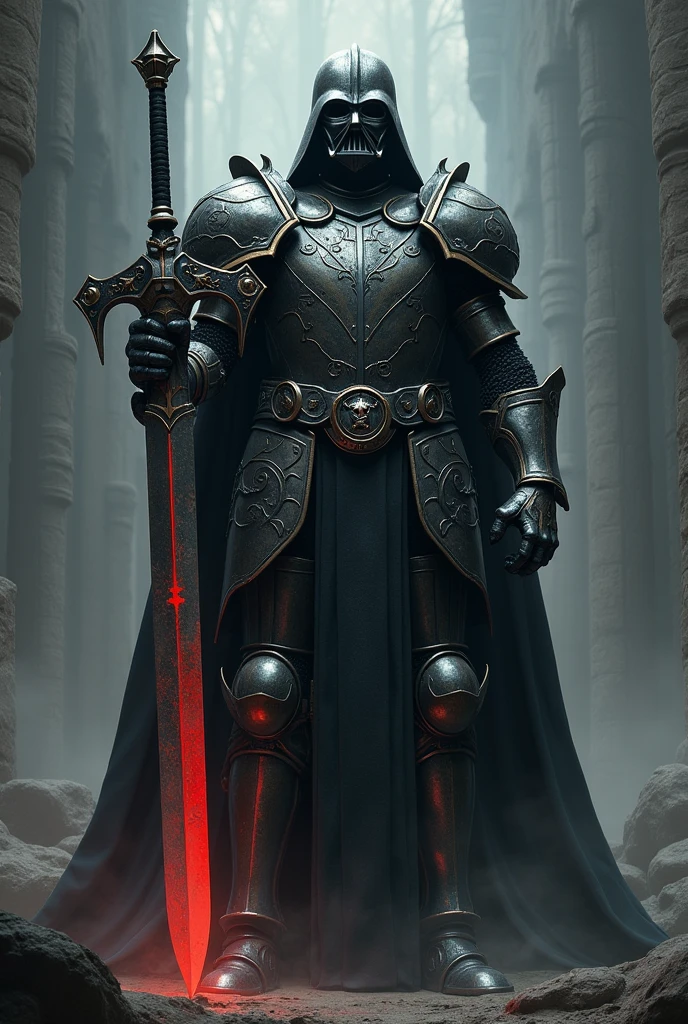 powerful knight, wide stance, huge gleaming great sword. on each shoulder is a human skull. Darth Vader