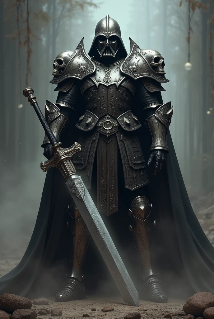 powerful knight, wide stance, huge gleaming great sword. on each shoulder is a human skull. Darth Vader