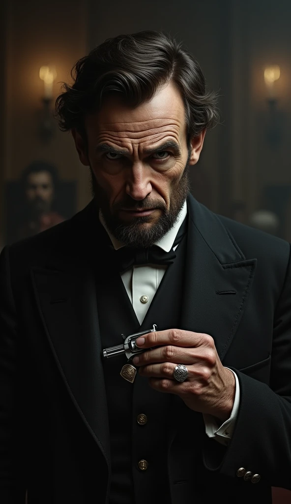 A tense moment with Booth standing directly behind Lincoln, holding a small derringer pistol. The focus is on Booth's determined expression and the gun pointed at the back of Lincoln’s head.