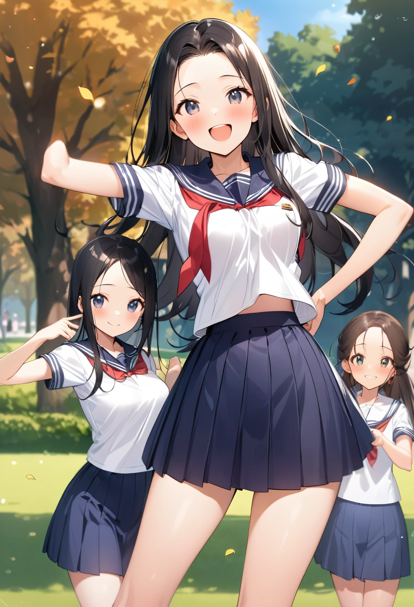 Front view、Black Hair、Forehead、Sailor uniform、navy skirt、semi long hair、Blushing、standing in park、beautiful breasts、good style、blush、smile、Fall in love、shy、excitement、Eyes Wide Open、Pleading Pose、excitement、happy、joy、 
good balance between body and face size、small face、narrow waist、
