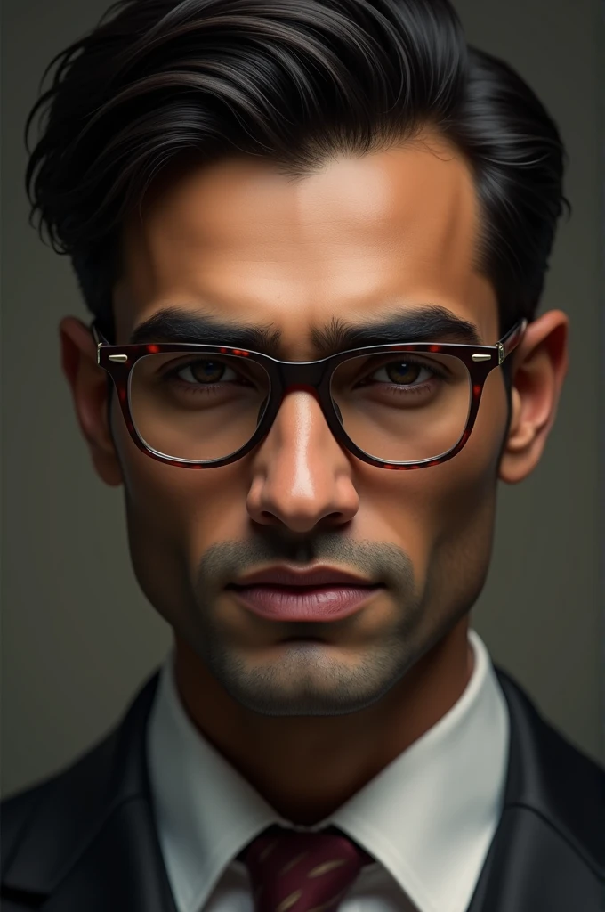 An Indian Bengali lawyer with specs looking sexy yet gentle. Have a subtle smile and clean shaved. Eyes are piercing yet passionate. Hair style is like 1920 . Little slick and front long hair brushed neatly.