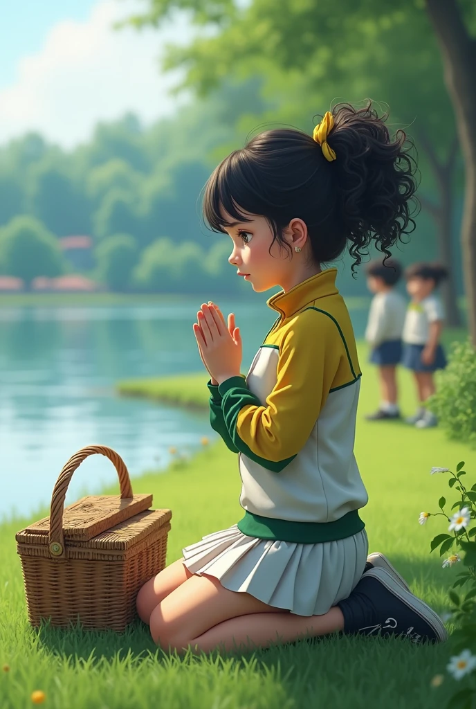 ((an girl)) schoolgirl in prayer, Wears pants ((white school shelter,)) and yellow tracksuit jacket and green sleeves, she has black curly hair , she is kneeling on the lawn next to the picnic basket hyper realism, in the background a lake and the boys out of focus.