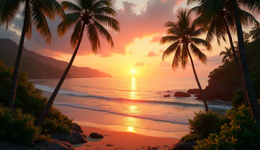 Create me a real and high definition image of a sunset in front of the sea (( bali aestitics)) 35 mm shot cinematic
