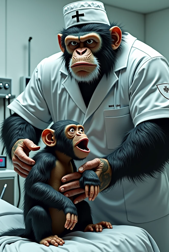 A very large monkey working as a nurse wearing a nurse&#39;s uniform injects a needle into a very scared and terrified sick chimpanzee., real, high resolution detail, full photo like real  