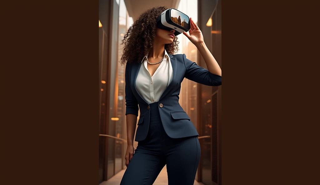 Create an image of a woman with curly hair holding a VR headset close to her face, displaying a futuristic office or cityscape scene through the lenses. The VR headset shows a split view: on one side, a professional-looking woman (resembling the person holding the headset) stands confidently, while on the other side, a man is seen looking out of the window at the skyscrapers. The woman is dressed in modern, stylish business attire, with a necklace and subtle makeup. The background includes holographic elements and digital interfaces, giving the impression of a high-tech environment. The overall atmosphere should convey a sense of professionalism, confidence, and the blending of virtual and real worlds