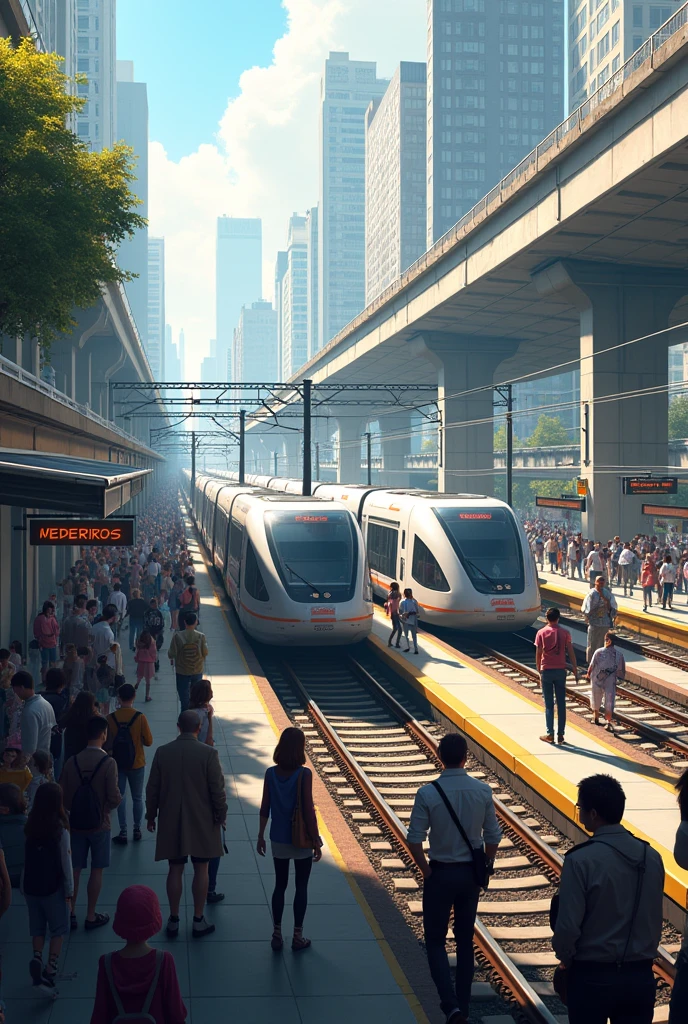 Partridge Train Station,People on the platform waiting for the subway, Sumaré Avenue on the side 2 High suspended lanes,Trens de estilo futurista,fundo do horizonte da cidade,People are busy,(Trilha Leve:0.8)。e o nome MEDEIROS escrito na paisagem