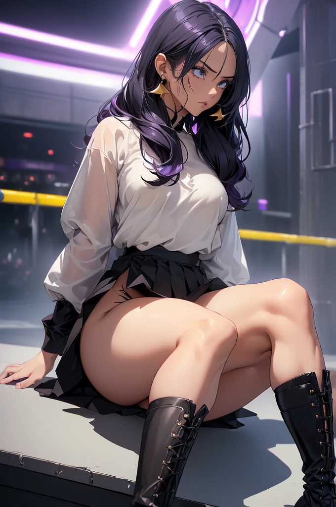 (Highest quality,4K,High resolution,masterpiece:1.2), (Ultra-detailed), (Slender beauty)(Age 27)(thunder:1.3) (Dynamic Art), (looking at the camera) (Dragon Ball Z setting), (The whole body is visible)(Vision:1.8), (Realist,photoRealist,photo-Realist:1.37), (High resolution,High resolution), (Portraiture), (Vibrant colors), (Long legs), (A noticeably elongated face), (Wide range) (Hermosos Fine grain), (Beautifully detailed lips), (Very detailed目と顔), , Bright eyes Dynamic angles and postures, Sweatびっしょり, Sweat, (Long eyelashes), (Sharp focus), (Physically Based Rendering), (8 heads,Beautiful female warrior), (Mature Woman) (Leg spread), (intense), (expression of intense desire), (Motion Blur), (elegant), (Slim figure:1.3), (Inspired by anime), (Bright light), (Cinema Lighting), (Contrasting colors), (Mysterious atmosphere), (Action-packed scenes), (Unique Look), (impressive), (Reveal costumes), (Exciting),(Deep Eyes),(Fleshy pubic area), (Expressive), (Interesting atmosphere), (Dark blue high socks Magic Mix Real、(RAW Photos:1.2)、(Realistic:1.4)、The beauty of beautiful details Laughter、Big Ass、blonde、((I can see your pants))(Panty shot)Earrings eyelash Beautiful and detailed、Large file size、Very detailed、High resolution、Transcendental beauty Highest quality、masterpiece、、(Riders jacket))、Very detailed表現, In detail、Very detailed顔のCinema Lighting、1、positive、((Dynamic pose)))、(Lean back:1.2), (Open Stance))、(From below:1.5), (Under the skirt:1.5), Check Pleated Skirt、Sexy upward glance, (Spread your legs and show me your panties:1.5), (Black see-through panties:1.5), (Low rise:1.5), (Long purple hair:1.5), (Healthy Body:1.5), (High leg tiny panties,,,,,,:1.5), (Looks like see-through panties :1.3), (Pubic hair is visible:1.5), (Browsing Caution:1.5), (Shyness:1.5), (Black long boots:1.5)(Ecstasy:1.5)(orgasm:1.3)