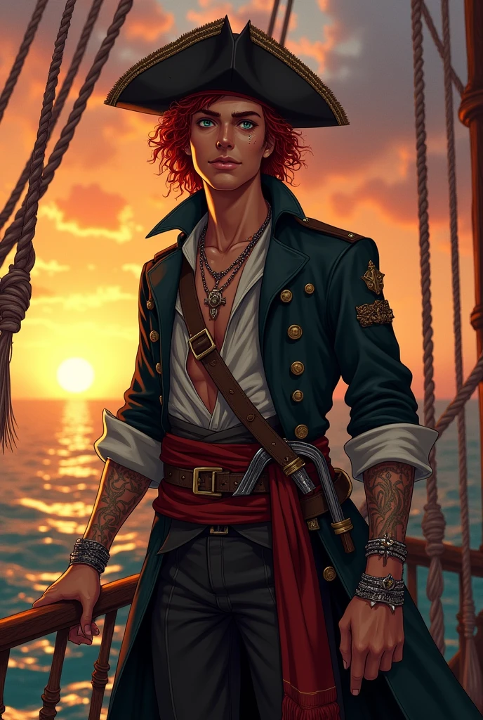 Generate the image of a pirate for a DnD campaign total body. A male pirate around 20 years old with an excited face. He has mid length dark red curly hair, without any type of facial hair. His eyes are emerald green, and he has a small scar on the bridge of his nose. He’s wearing a pirate hat in black leather, a dark trench coat, under the coat a soft shirt half open, he’s wearing a belt with a red band, on the side he had two sabers and two XVI century guns. He’s wearing many bracelets and necklaces, he has many tattoo. He’s on the top of the main mast of his boat looking at the sunset