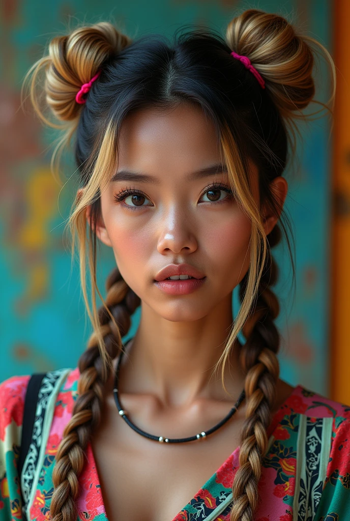 a beautiful Indonesian woman with a modern bohemian hairstyle featuring two messy buns and two fishtail braids, with blonde strands and dark roots, transitioning into colorful tight braids with intricate patterns and secured with small neon rubber bands, wearing a colorful dress , dynamic pose, dramatic background