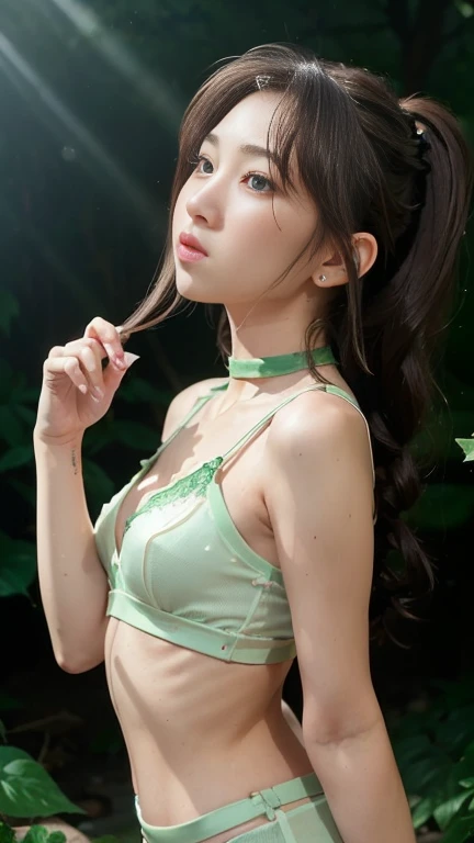 (((1 cute idol)))、The clothing is made of thin, see-through silk fabric. High Value Cross Beautiful Back Underwear, Push Up Sexy Breasts, Adjustable Bra Set Without Steel Ring、Dynamic Angle、original、(Super detailed)、(Extreme angle:1.3)、(Depth of written boundary)、(Tyndall effect:1.2)、solo、Sad look、Black Hair、(Emerald Eyes:1.3) )、Small and Perky breasts:1.4、(+Perfect hands+:1.21)、gold choker necklace、(Focus_Girl:1.4)、originalキャラクター、Natural volumetric lighting and great shadows、(+in the forest+: 1.2)、(Small creek|waterfall:1.2)、Earrings、(((Trendy hairstyles)))、Belly button