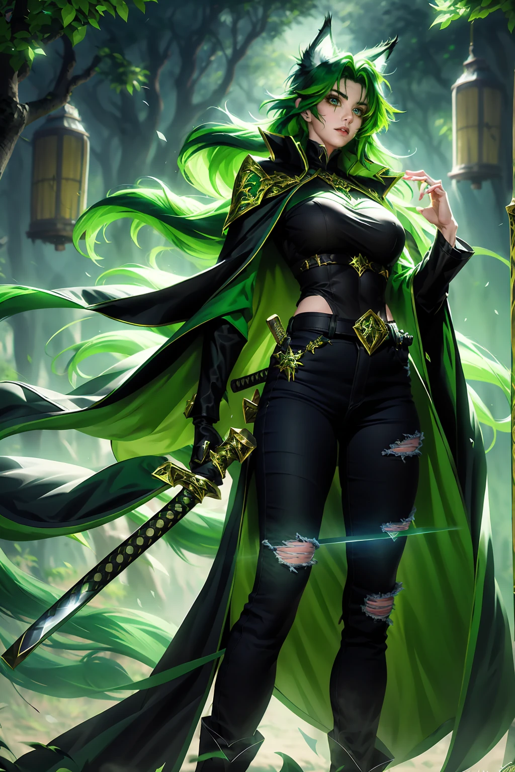 ((character sheet complete)), boy, long hair, green hair, black cape, breast armor, black shirt, black long jeans, wolf tail, wolf ear, long katana . ((best quality)), perfect body